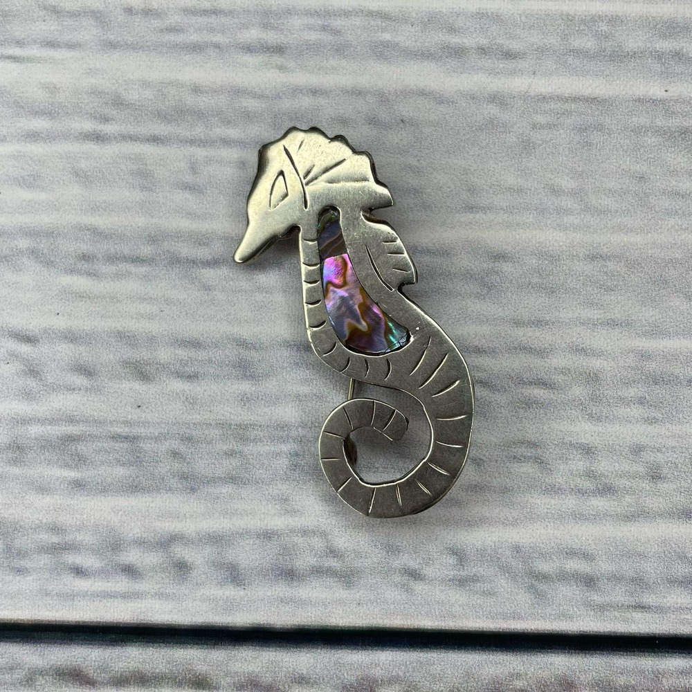 Vintage Mexico Alpaca Abalone Seahorse Brooch/Fashion Pin